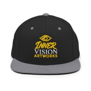 Inner Vision Artworks gold logo snapback, black with silver brim, eye centered above wording - front view