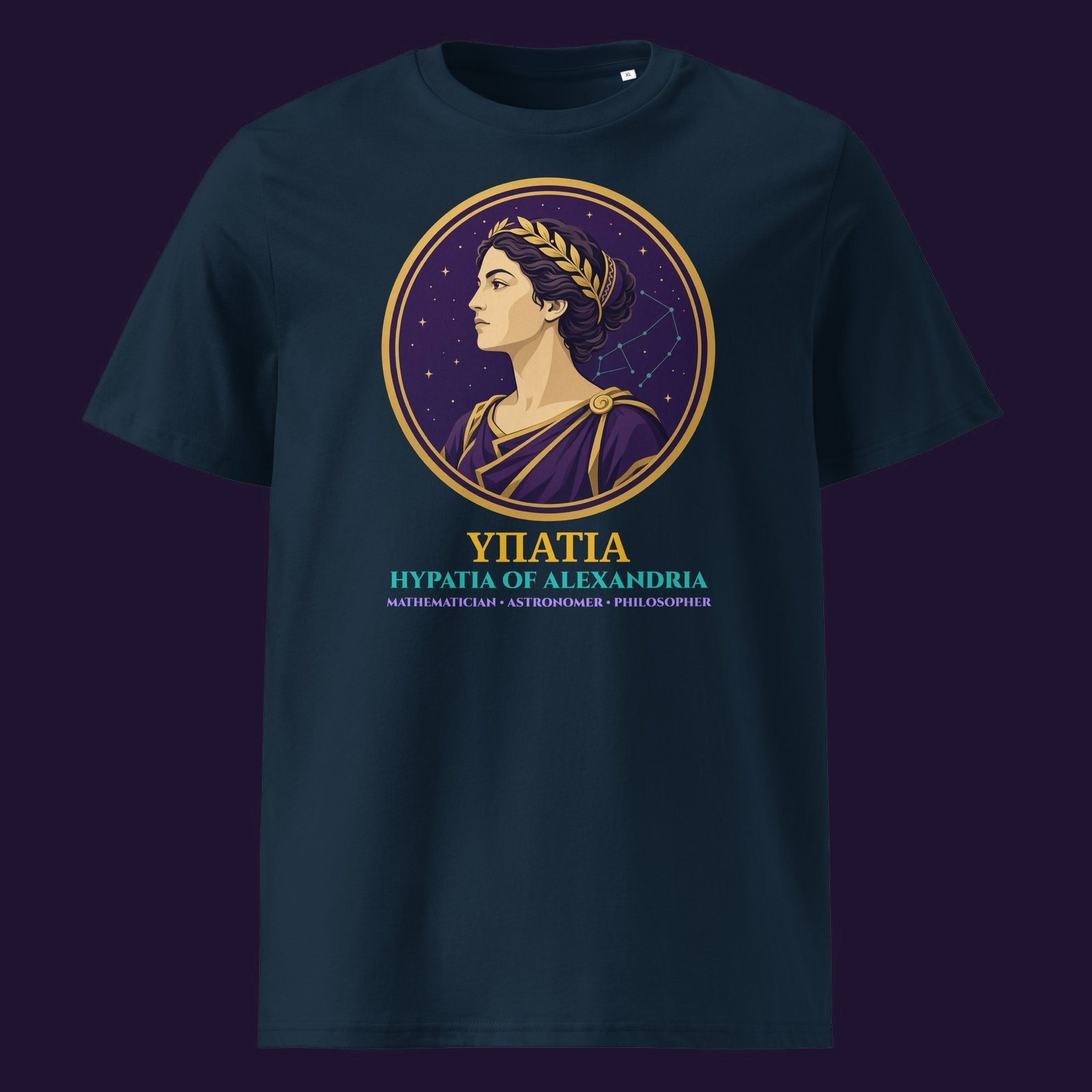 Hypatia of Alexandria Portrait Organic Cotton Tee – Navy & Pink