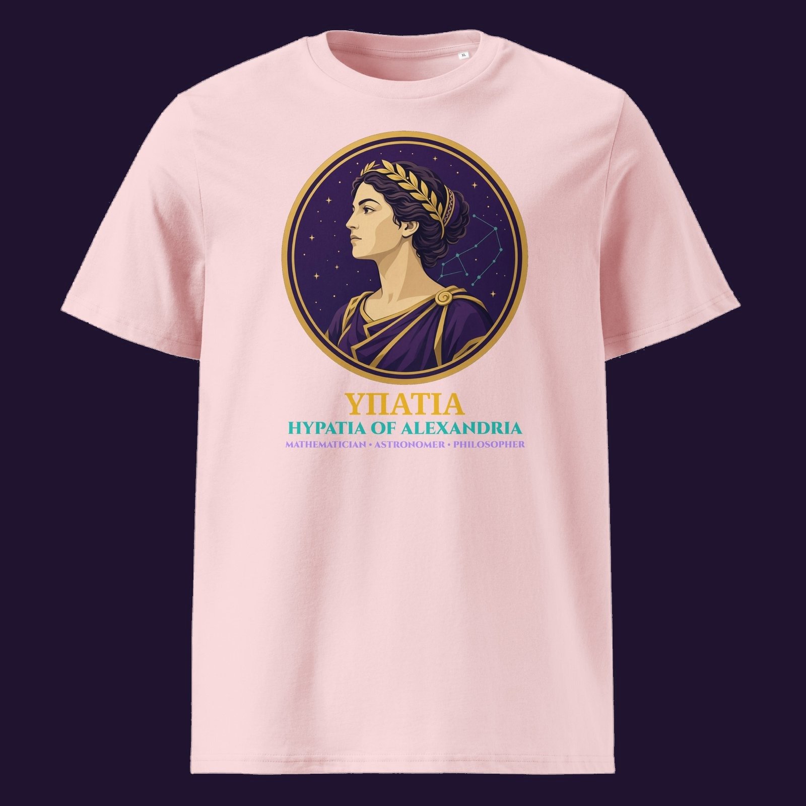 Hypatia of Alexandria Portrait Organic Cotton Tee – Navy & Pink