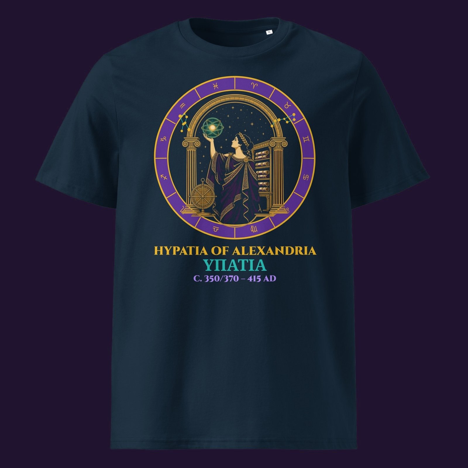 Hypatia Library & Stars Organic Cotton Tee – Navy & Pink