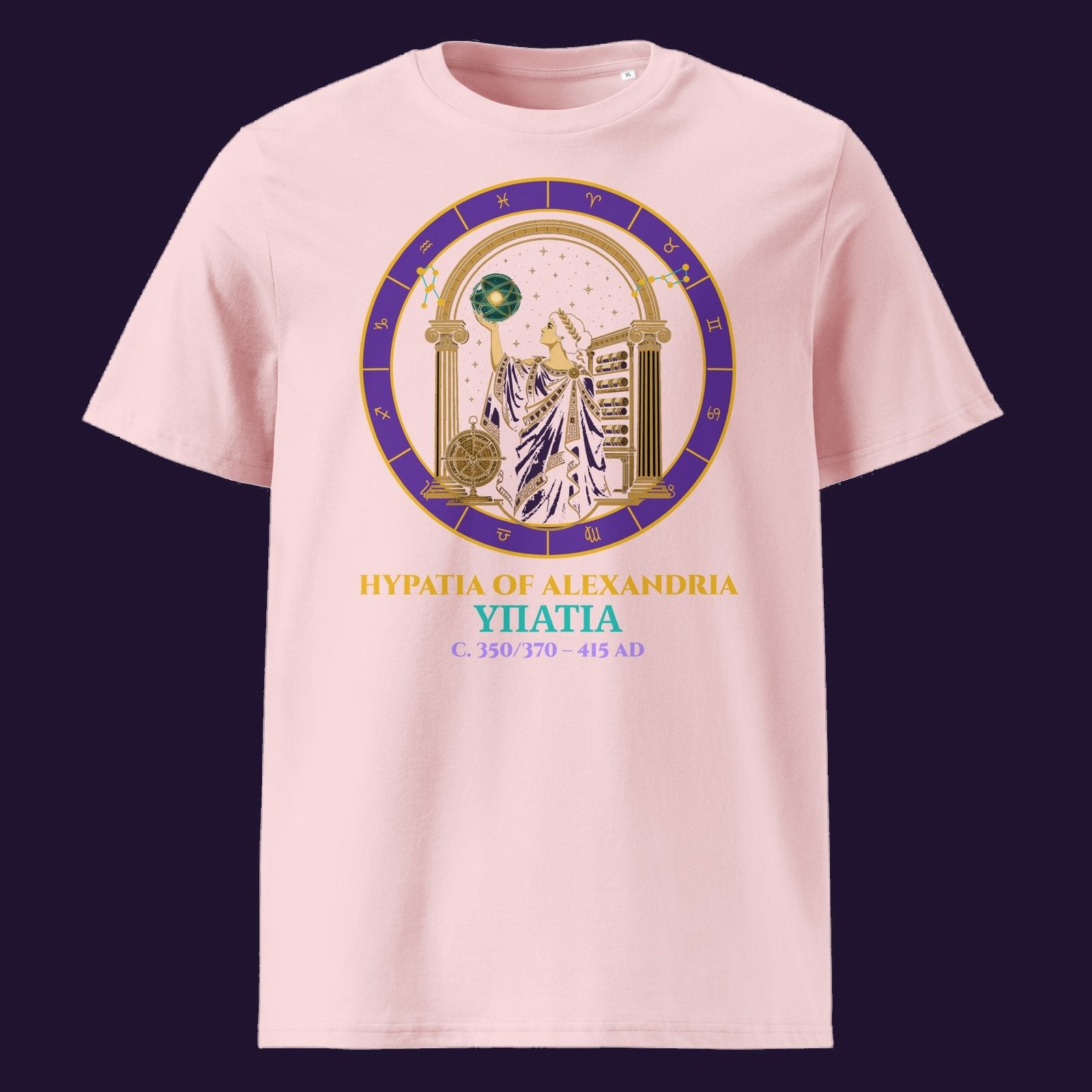 Hypatia Library & Stars Organic Cotton Tee – Navy & Pink
