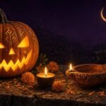Jack-o'-lantern, candle and Roman oil lamp with marigolds on a stone ledge under a crescent moon
