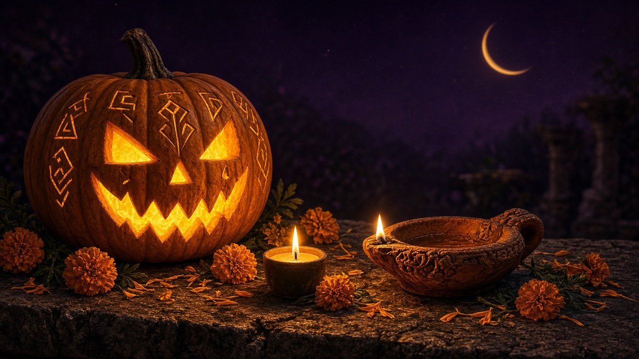 Jack-o’-lantern, candle and Roman oil lamp with marigolds on a stone ledge under a crescent moon