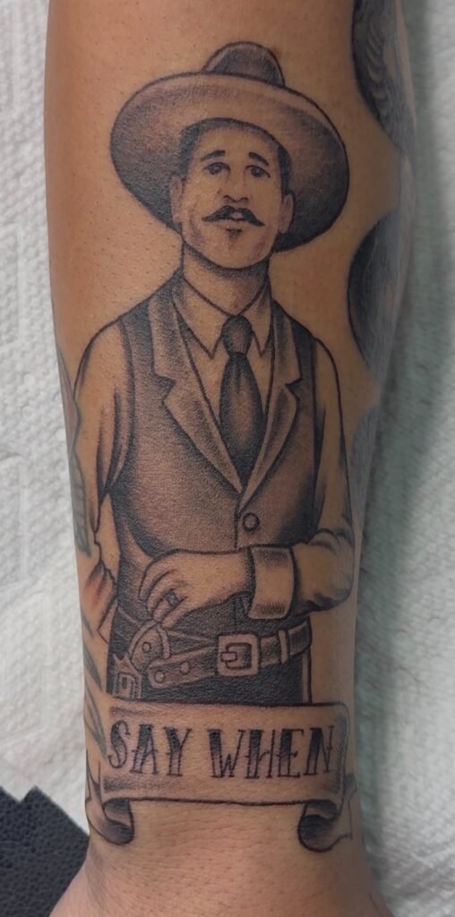 Doc Holliday 'Say When' portrait tattoo by Monique Andujo