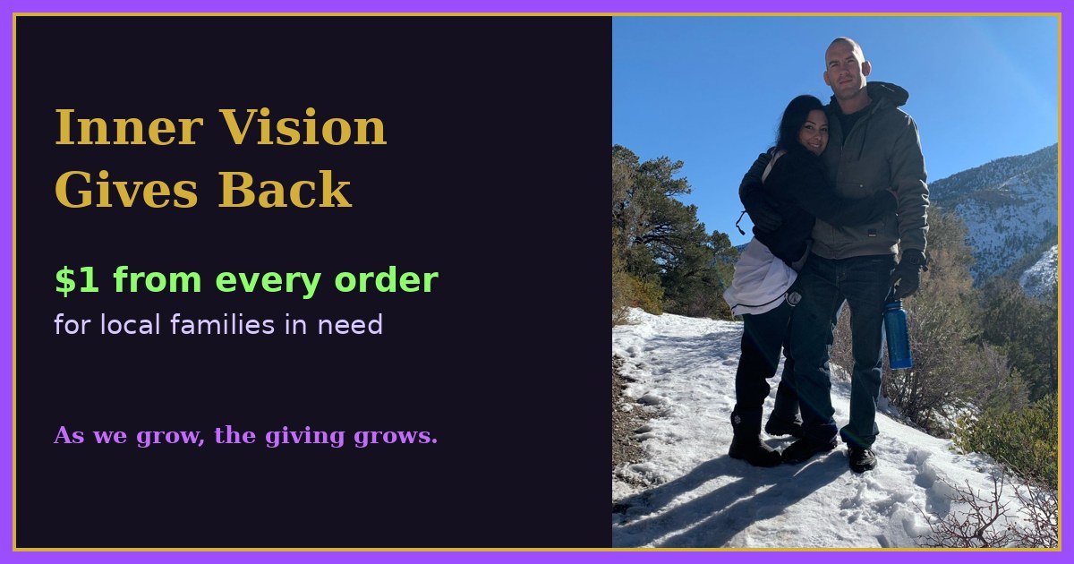 Christoph Fluke and Monique Andujo on a snowy mountain trail, with the words Inner Vision Gives Back