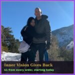 Christoph Fluke and Monique Andujo on a snowy mountain trail, with the words Inner Vision Gives Back