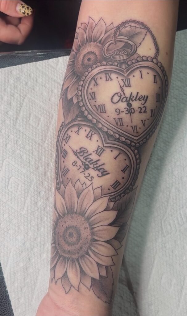 Heart pocket watches and sunflowers memorial tattoo by Monique Andujo