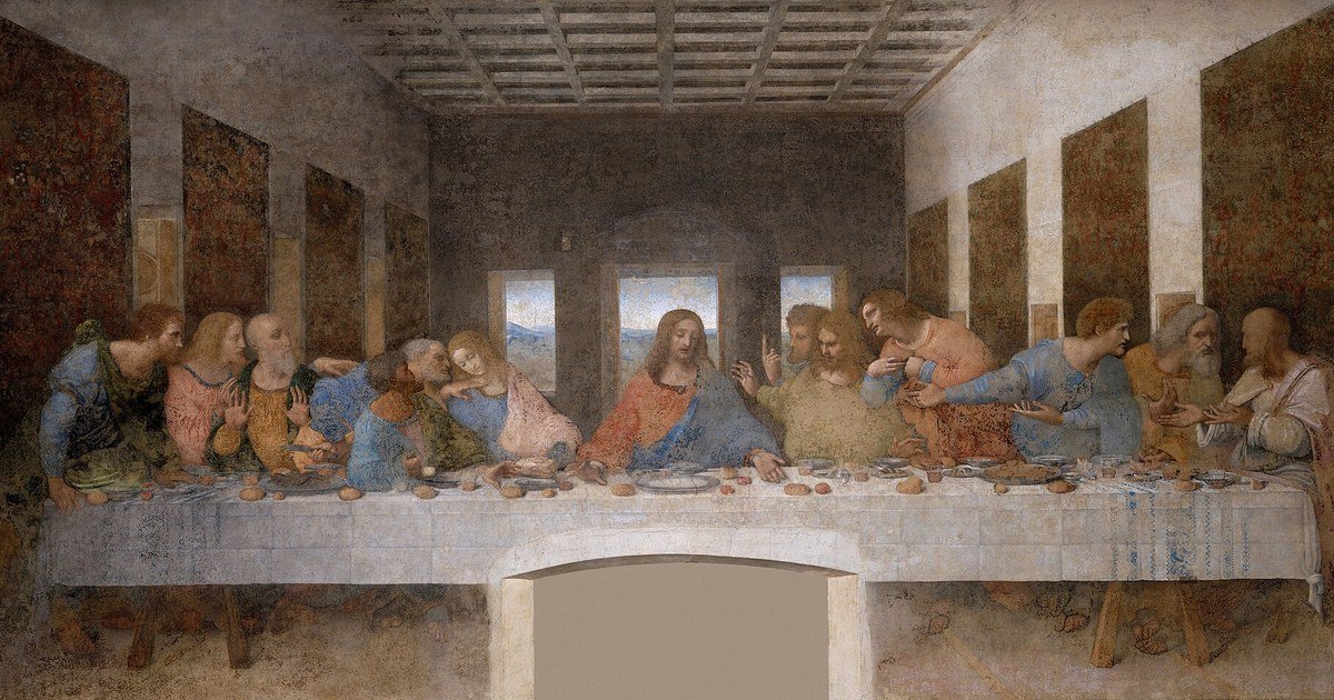 Leonardo da Vinci, The Last Supper (1495-1498), with Jesus and the twelve apostles at a long table