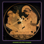 Ancient Greek red-figure cup painting of Achilles bandaging the wounded Patroclus, framed in purple and gold